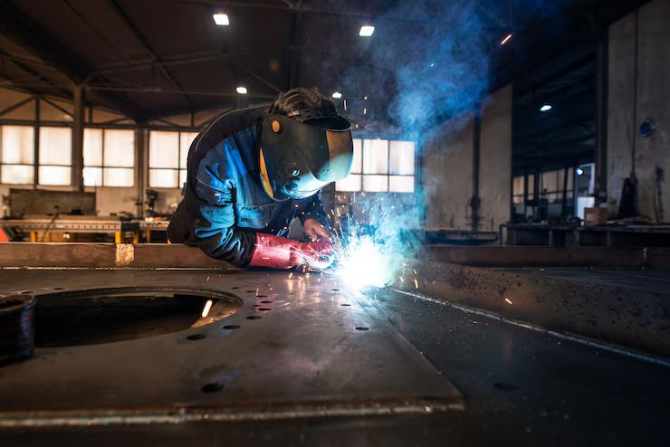 Professional industrial welder working in fabrication workshop