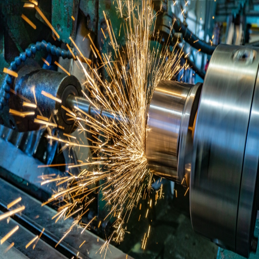 Cylindrical grinding process with sparks flying in workshop