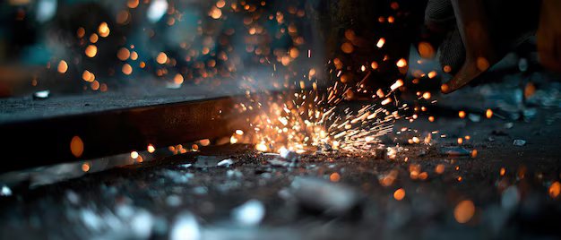 Industrial worker grinding metal with sparks in dark workshop