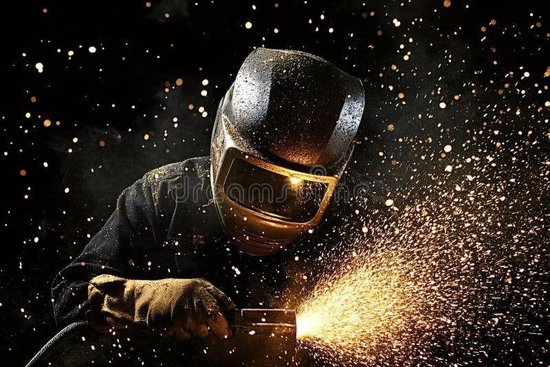Professional welder with sparks in dark workshop